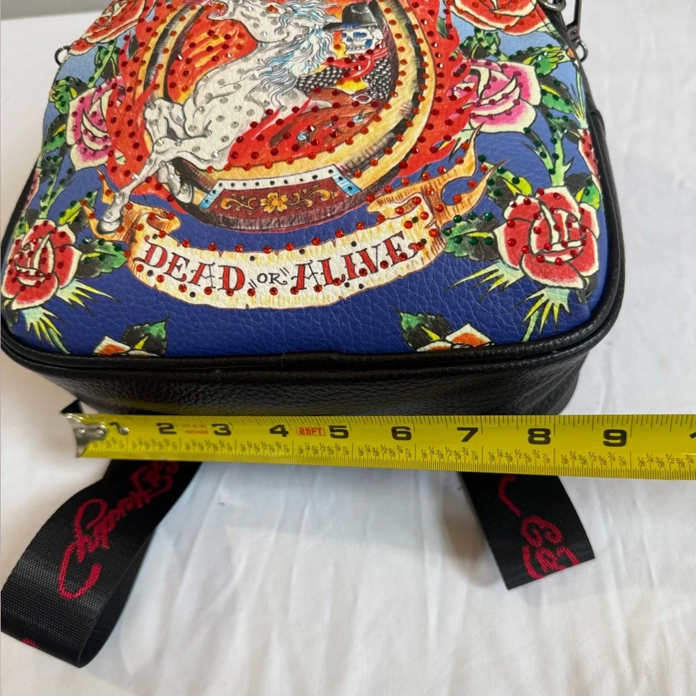 Ed Hardy Black Mini Backpack with Multicolor Graphic Roses - Picture 7 of 11